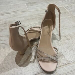 🩷 YZ Women's Nude Low Kitten Heel Open Toe Rhinestone Sandals with Ankle Strap